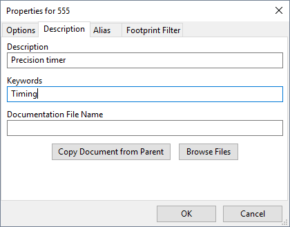 Screenshot showing the 'Description' tab of the 'Properties for 555' dialog. The 'Description' field reads 'Precision timer', the 'Keywords' field reads 'Timing', and the 'Documentation File Name' field is left blank.